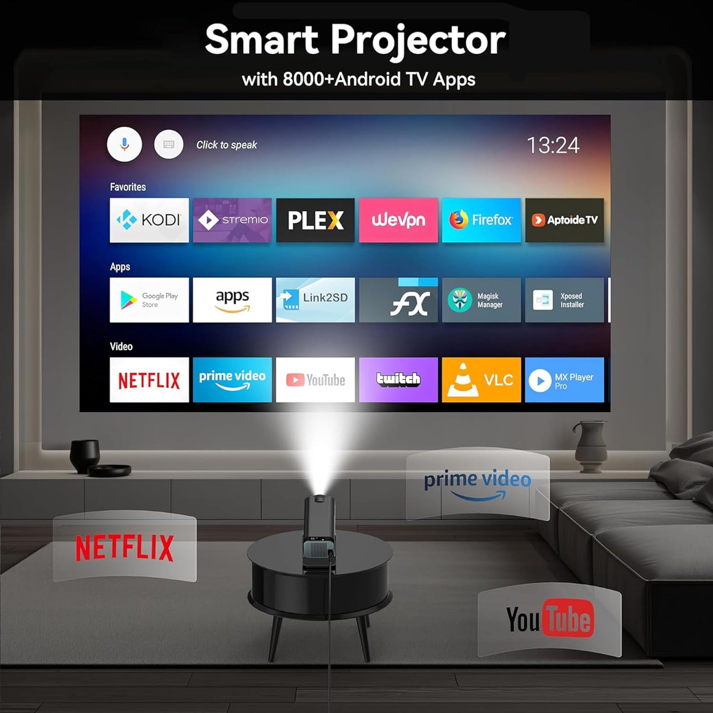 4K Portable Smart HD Projector with WiFi & Bluetooth Android 180°