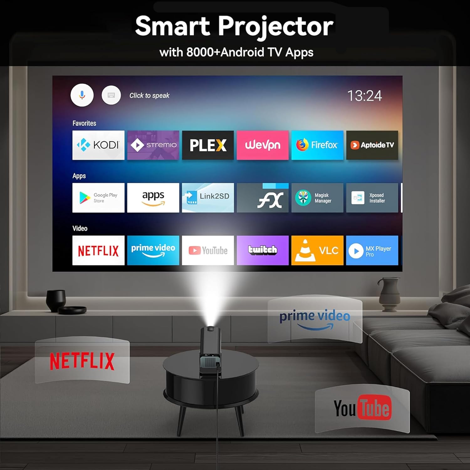 4K Portable Smart HD Projector with WiFi & Bluetooth Android 180°