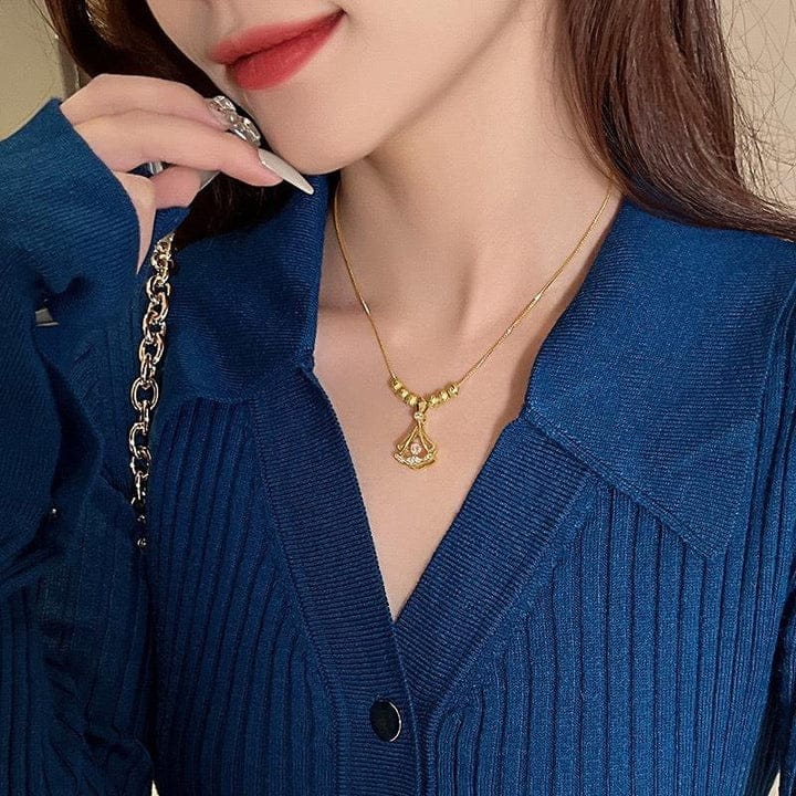 Fashion Necklace Jewelry Scalloped Diamond Pendant Stainless Steel Chain Necklace